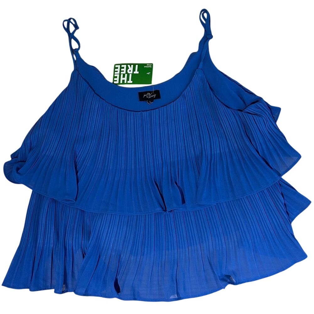 Milk & Honey NWT Blue Soft‎ Flowing Accordion Pleats Pleated Spaghetti Top sz L
